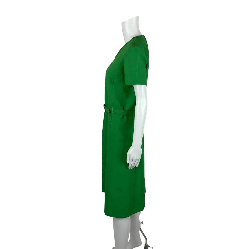 Vintage 70s Shift Dress Women's Large Solid Green V-Neck Belted Kangaroo Pockets - Picture 8 of 11